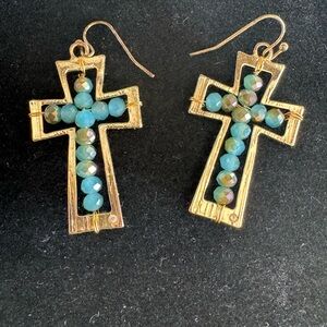 Gold and Blue Beaded Cross Earrings